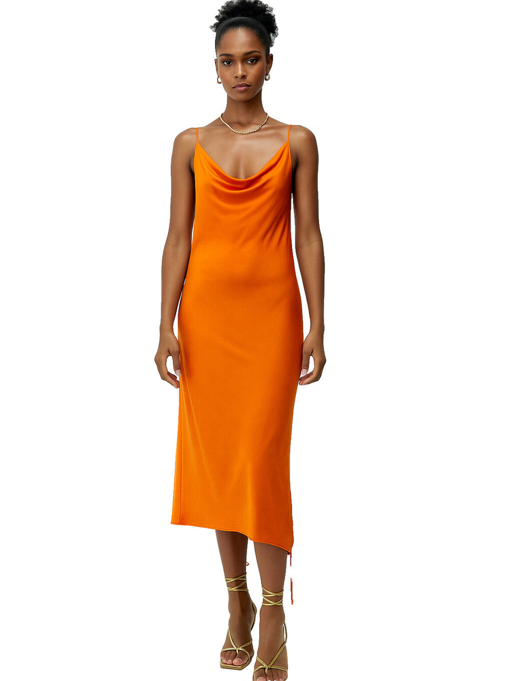 ZARA NWT Orange Slip Dress L Adjustable Spaghetti Straps Cowl Neck 96% Poly